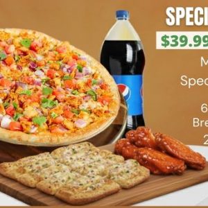 Special Deal: Medium pizza, 6 wings, breadsticks, and 2L soda for $39.99.