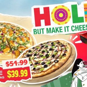 Pizza Twist Holi special: Buy 2 large specialty pizzas for $39.99. "Holi, but make it cheesy.